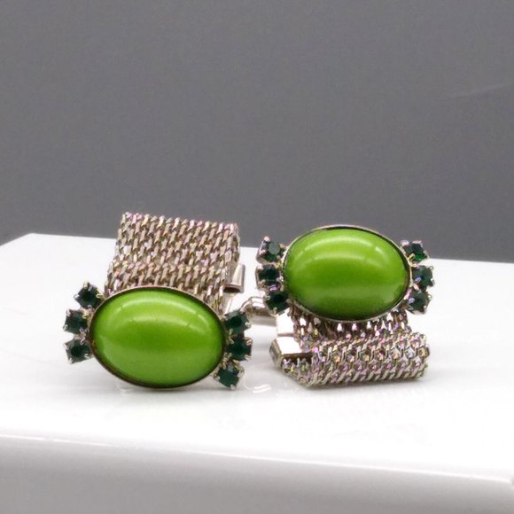 Vintage Wrap Cuff Links, Green Lucite Cabochons flanked by Green Crystals - Picture 1 of 3